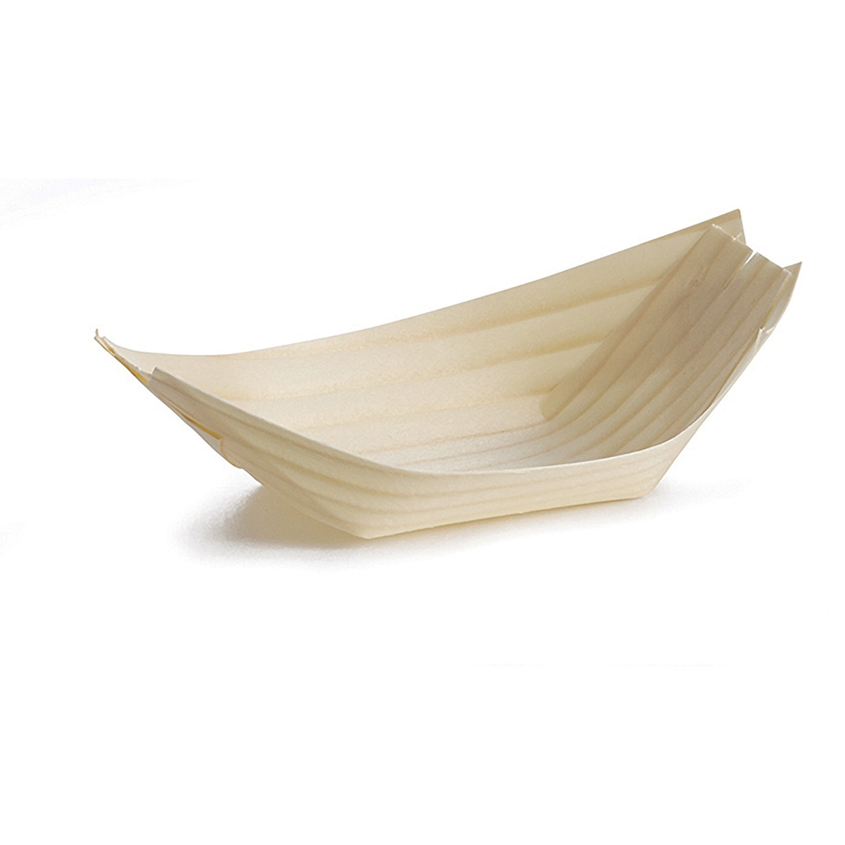 Empty medium-sized boat-shaped disposable serving tray made of light-colored wood