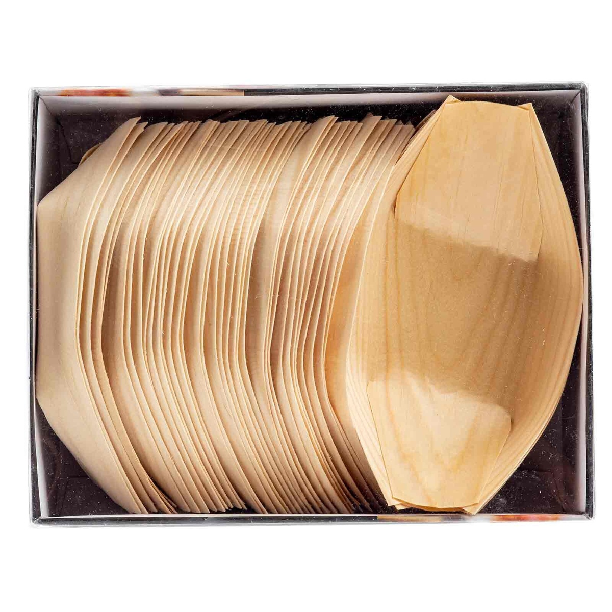 Top-down view of open TableCraft Large Serving Boat box showing 50 stacked natural pinewood boats