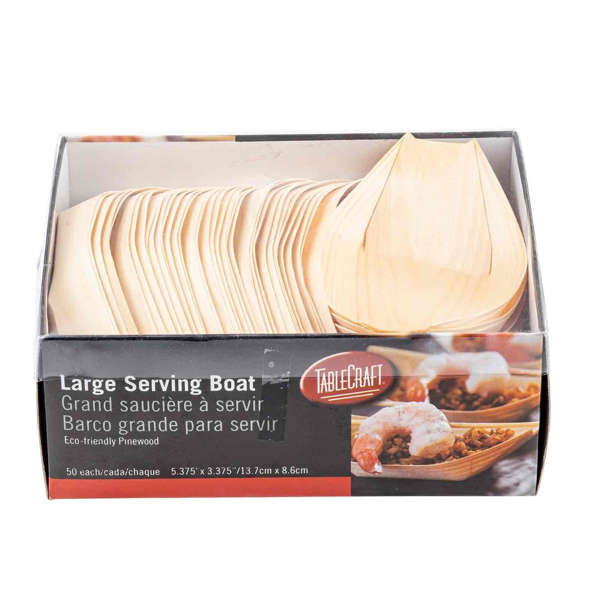 TableCraft Large Serving Boat retail package, front view, showing 50 stacked pinewood boats and product labeling