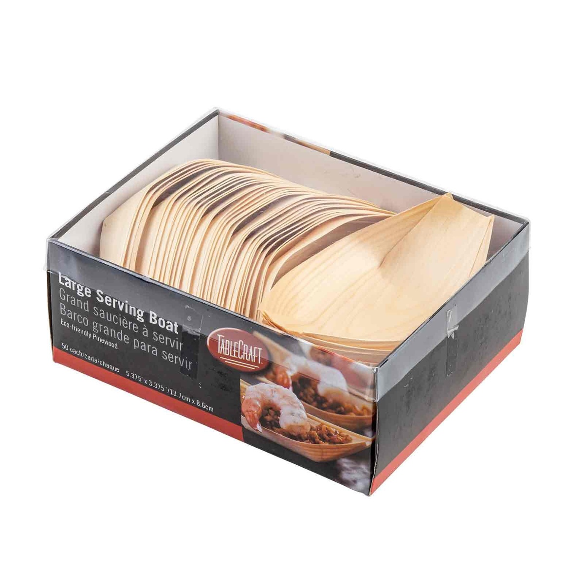 TableCraft Large Serving Boat package, angled view, displaying stacked pinewood boats inside clear-top retail box