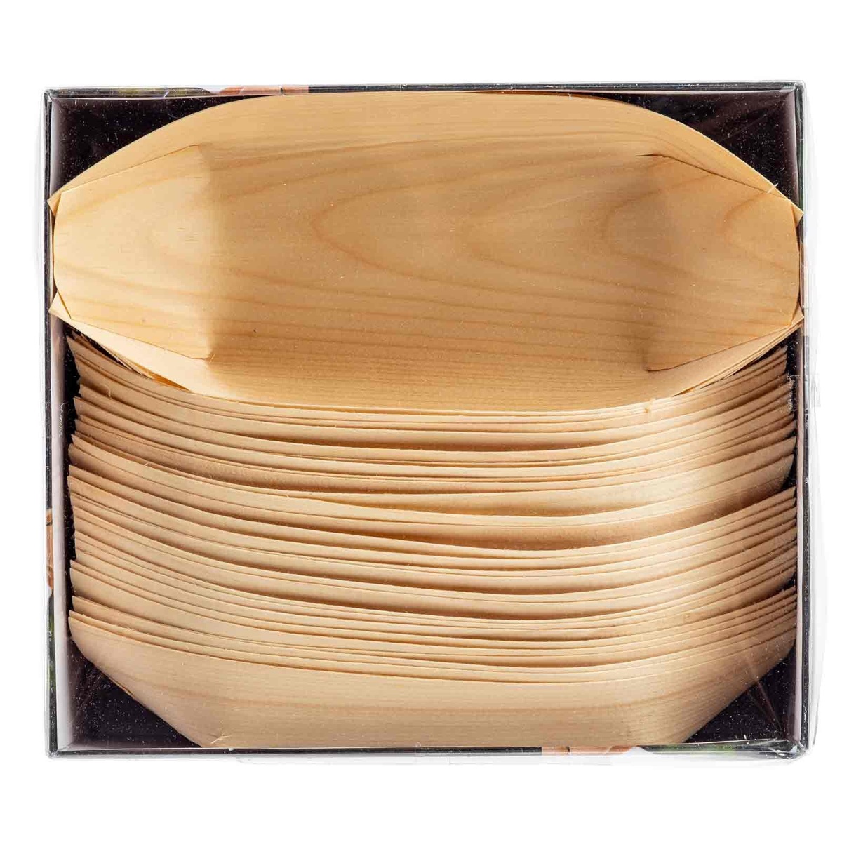 Stack of 50 pinewood serving boats inside clear retail packaging box viewed from top