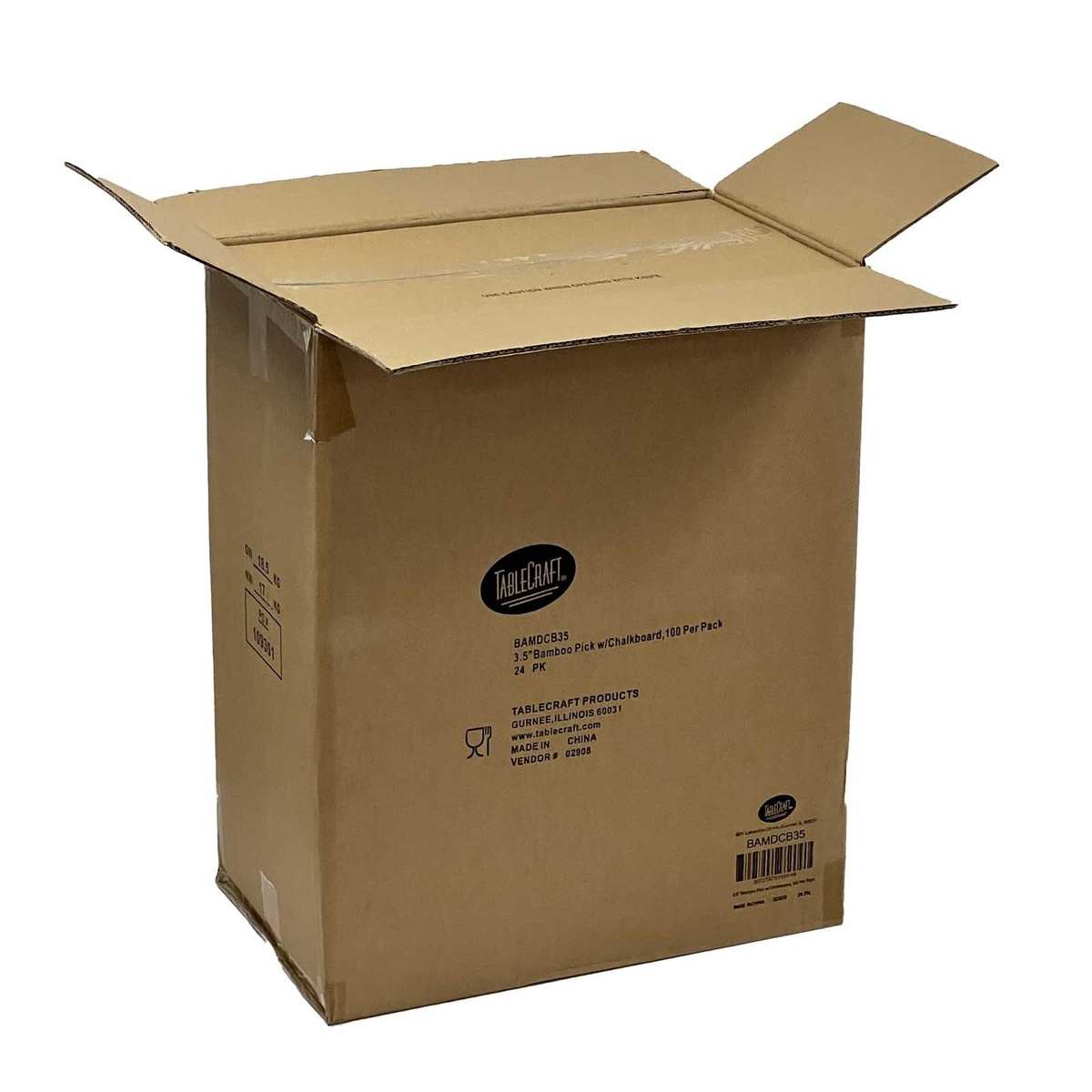 Open master carton box for TableCraft BAMDCB35 bamboo chalkboard picks, 100 per pack, 24 packs per case, made in China