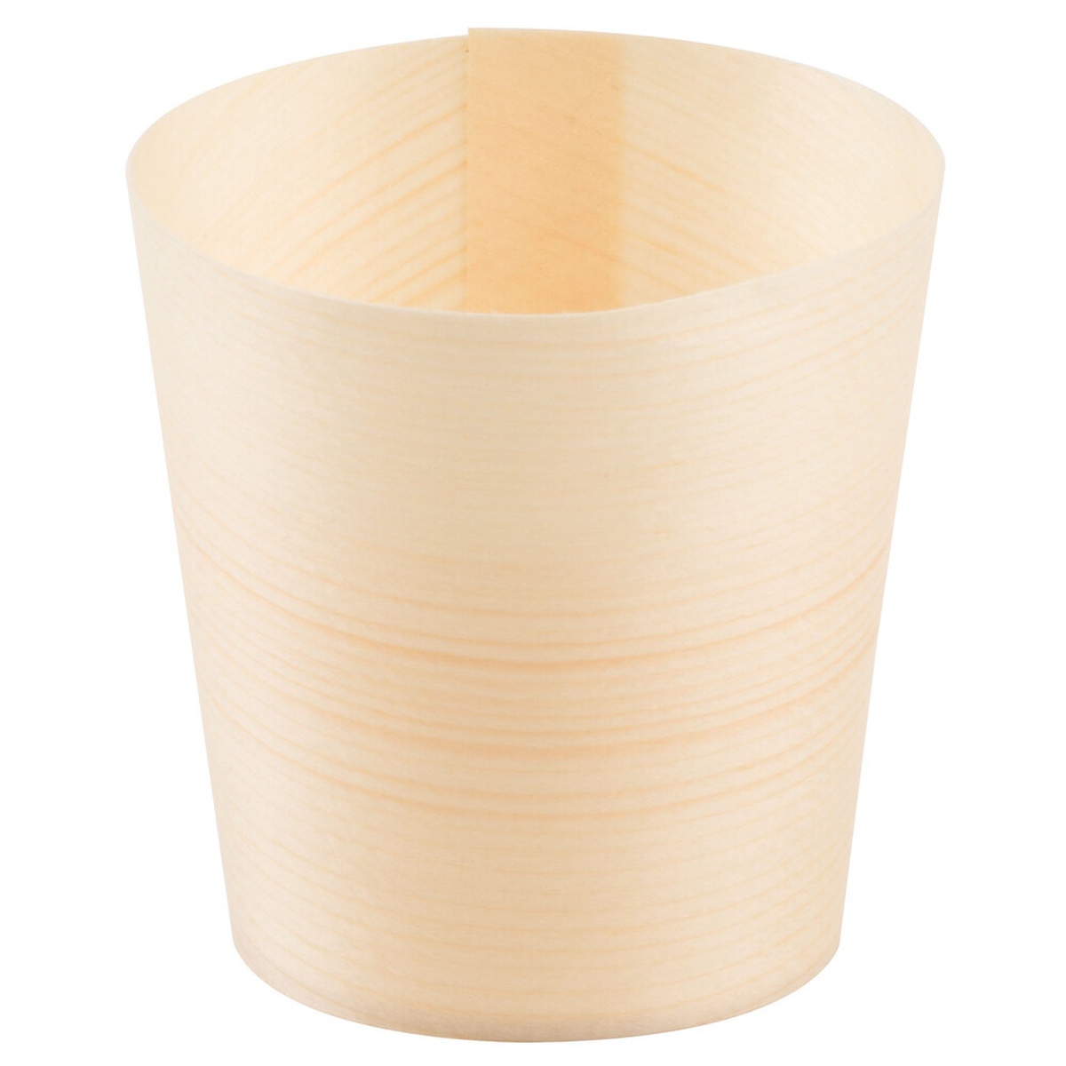TableCraft BAMDCP1 4 oz. small round wooden disposable serving cup with natural pinewood grain finish