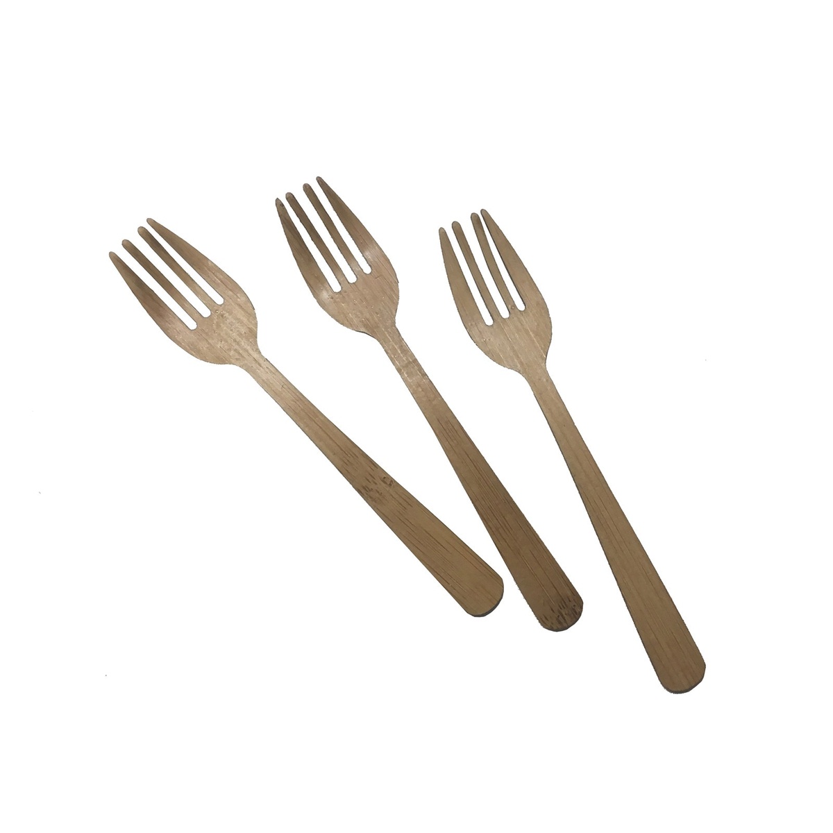 Three natural bamboo disposable forks arranged on a white background