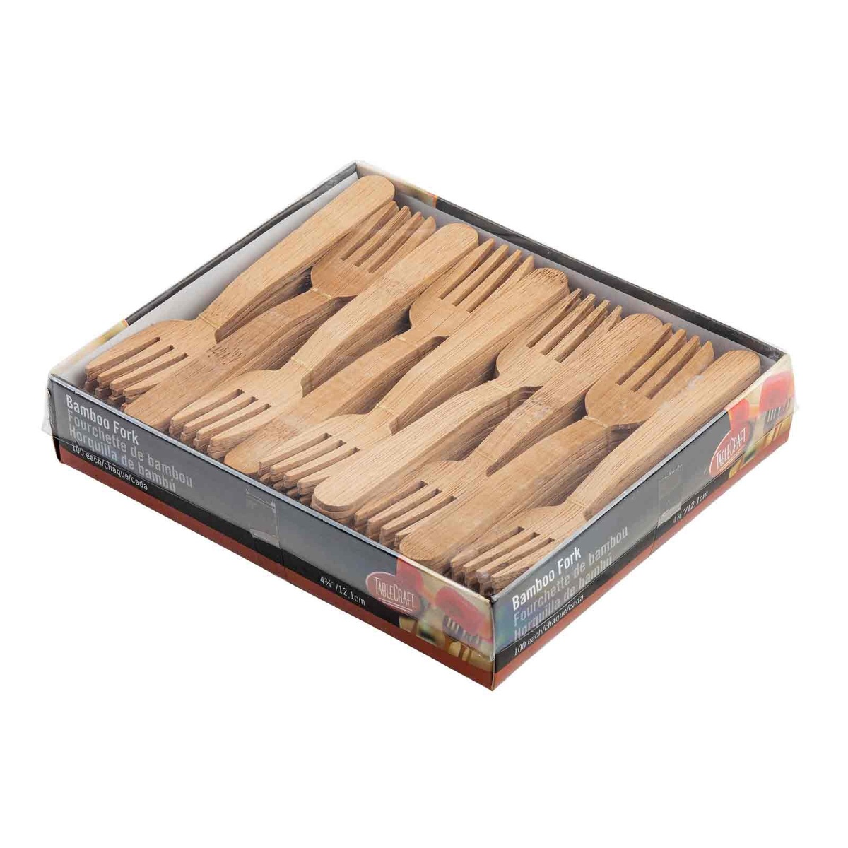 Open retail box displaying 100 TableCraft bamboo disposable forks packed neatly inside