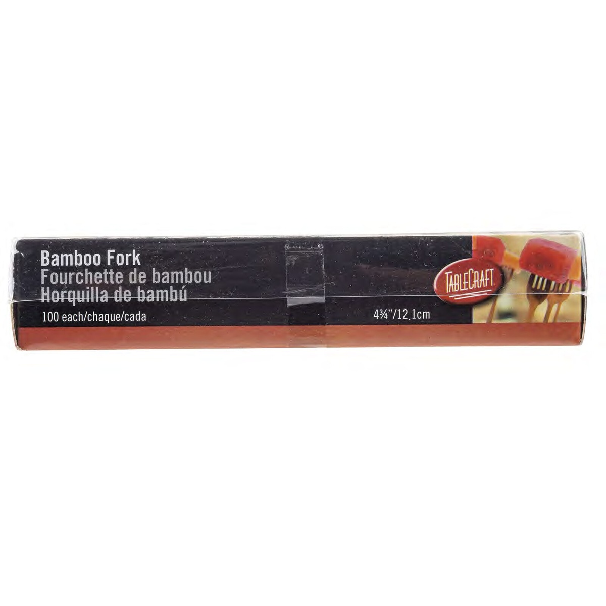 Side view of TableCraft bamboo fork retail packaging showing 4-3/4 inch size and 100-count label