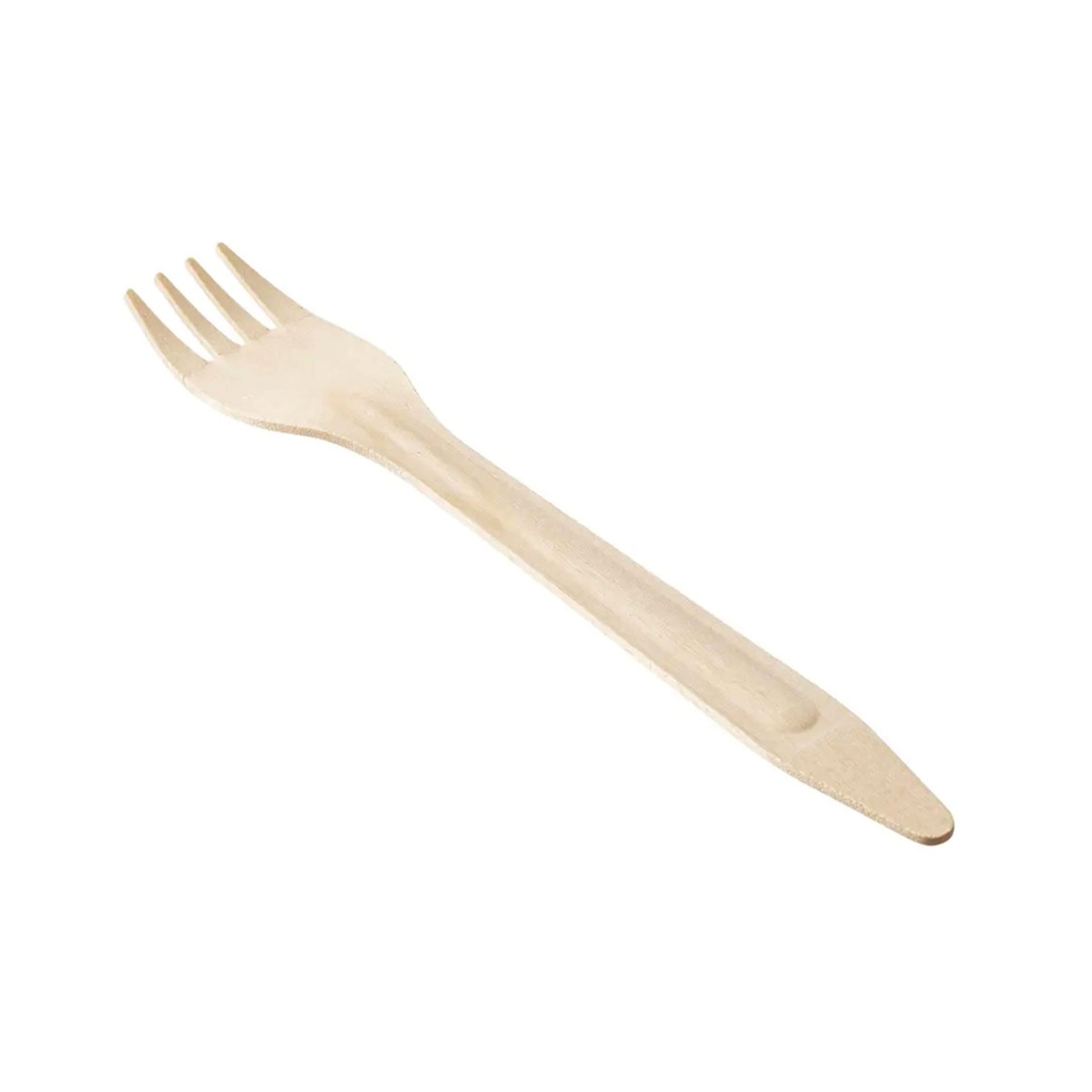 TableCraft BAMDF65 pinewood disposable fork shown at a diagonal angle highlighting natural wood grain