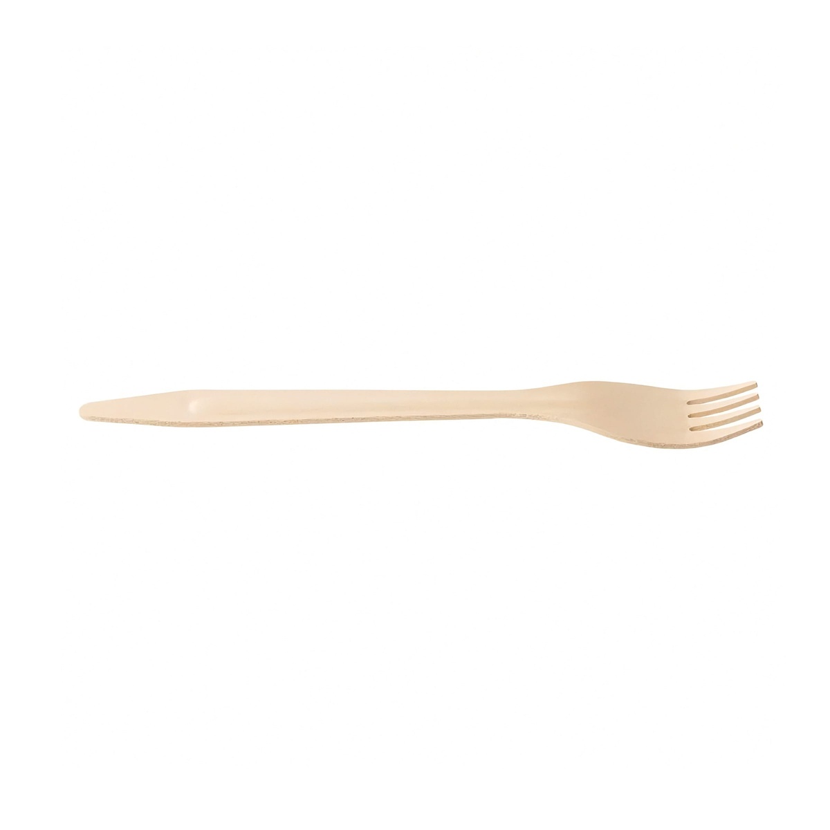 TableCraft BAMDF65 pinewood disposable fork shown horizontally, displaying the full 6.5-inch length and four tines