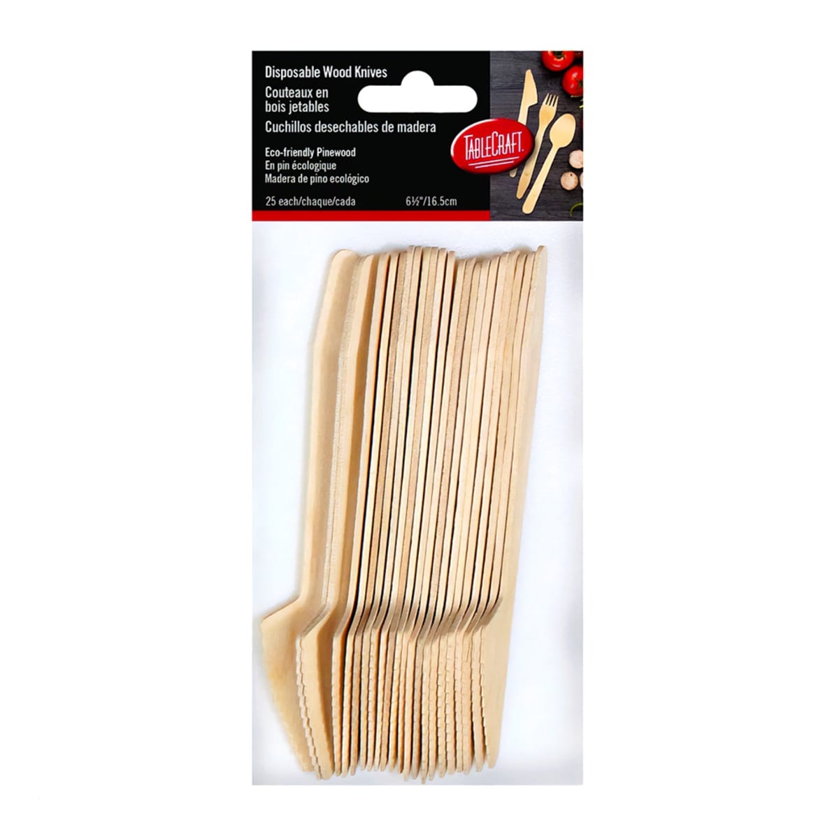 Tablecraft BAMDKN65 disposable pinewood knives pack of 25 in retail packaging
