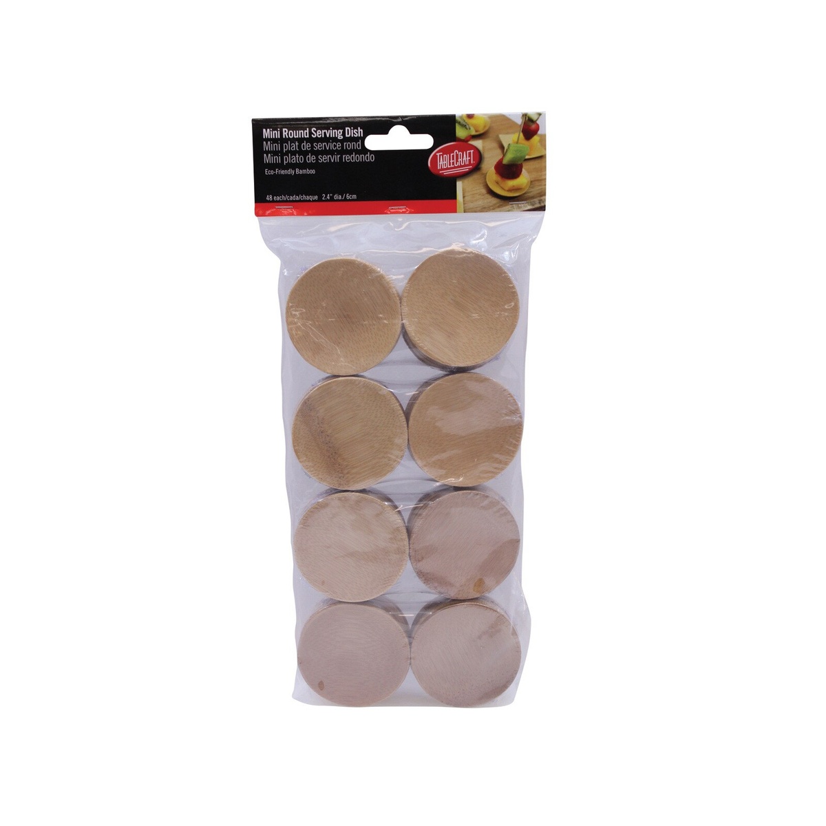 Front view of the Tablecraft BAMDRBAM2 retail packaging showing 48 natural bamboo round mini serving dishes bundled in a clear poly bag with branded header card