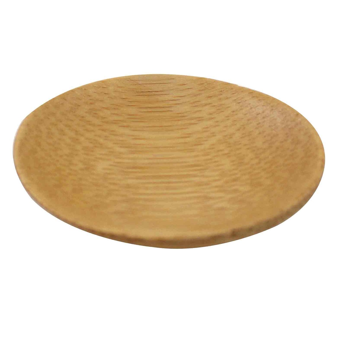 Single 2.5-inch round natural bamboo disposable dish viewed from an angle showing the shallow bowl shape and wood grain texture