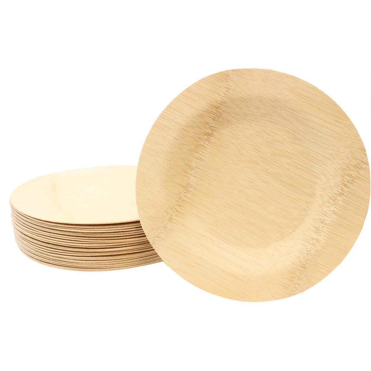 Stack of 25 round bamboo plates showing quantity and thickness