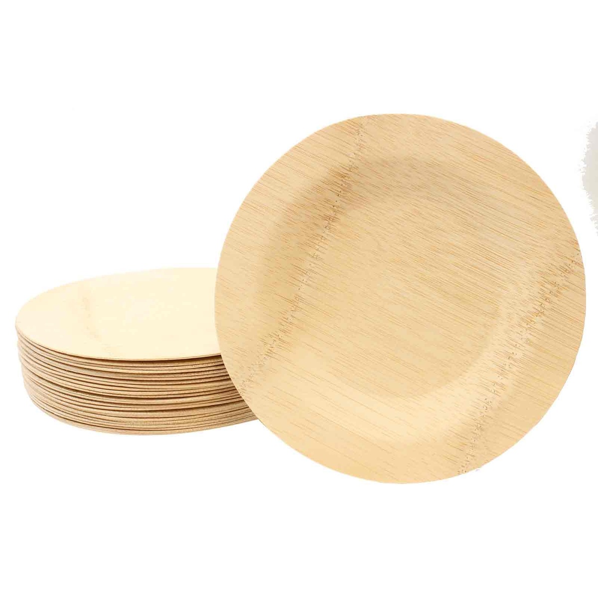 Stack of 7-inch round bamboo disposable plates with natural finish