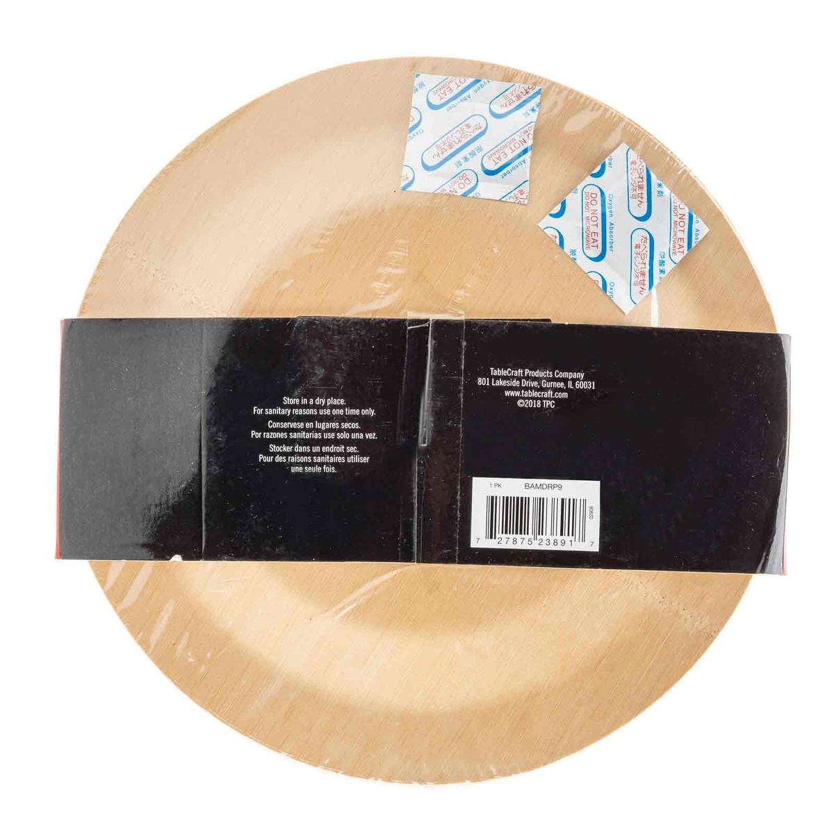 Back of TableCraft BAMDRP9 bamboo plate packaging showing barcode, storage instructions, and single-use guidance