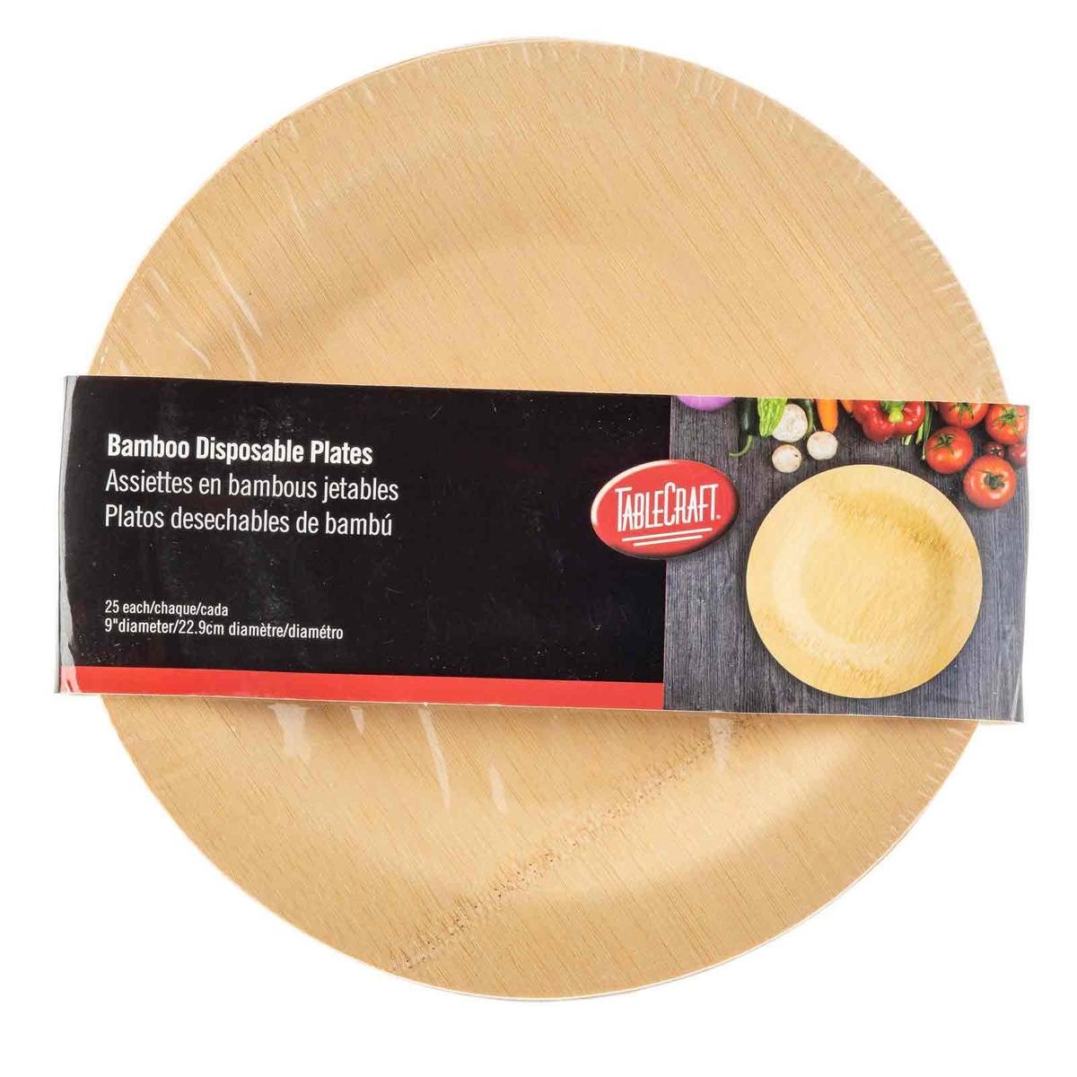 TableCraft 9-inch round bamboo plate with branded packaging band showing 25-count and 9-inch diameter
