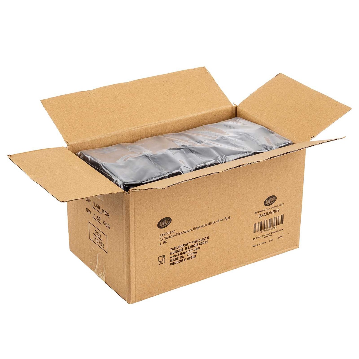 Open inner shipping carton revealing multiple packs of TableCraft black bamboo square dishes