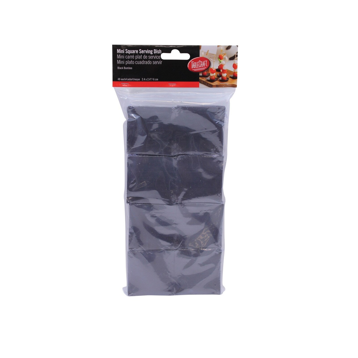 TableCraft BAMDSBK2 retail hang-bag packaging showing 48 black bamboo square dishes