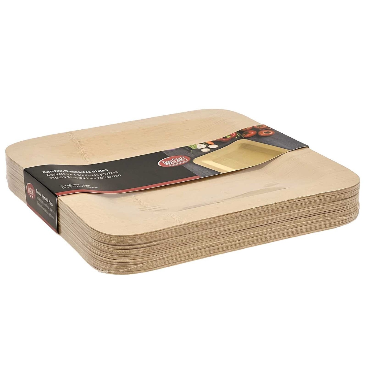Stack of 25 bamboo disposable plates with TableCraft branded paper sleeve packaging