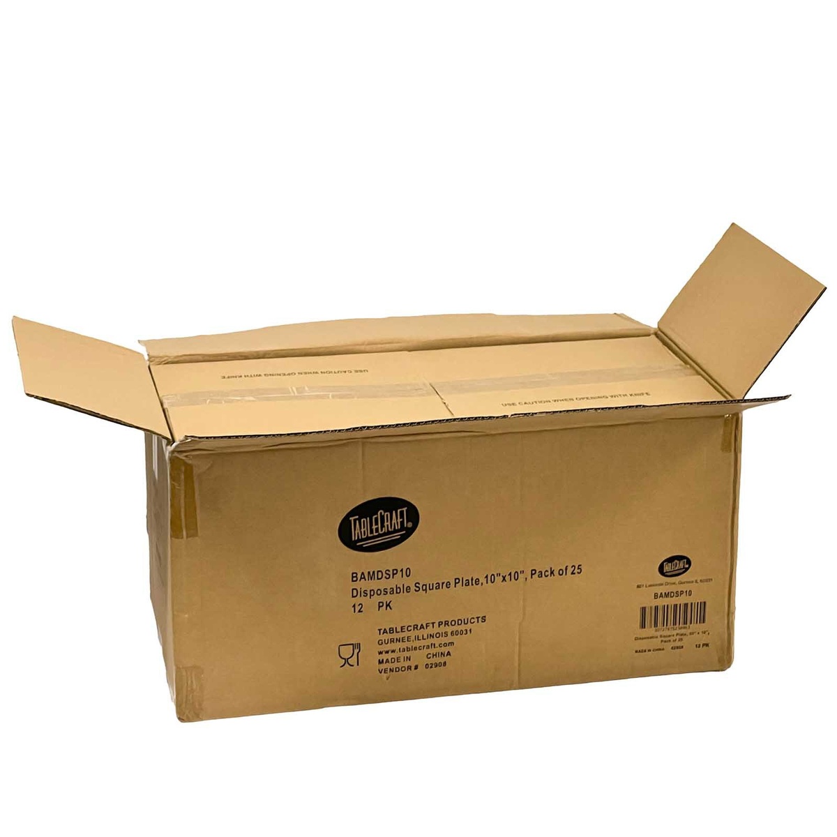 Open TableCraft master shipping carton showing BAMDSP10 disposable square bamboo plates, pack of 25, 12 packs per case