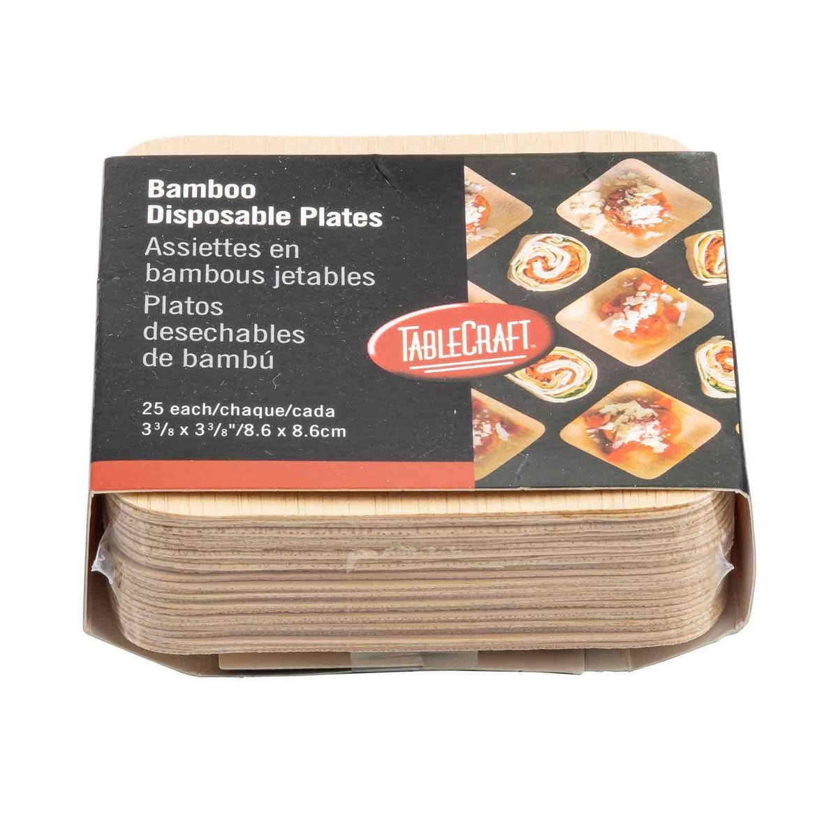 TableCraft bamboo disposable plates retail packaging showing 25-count pack