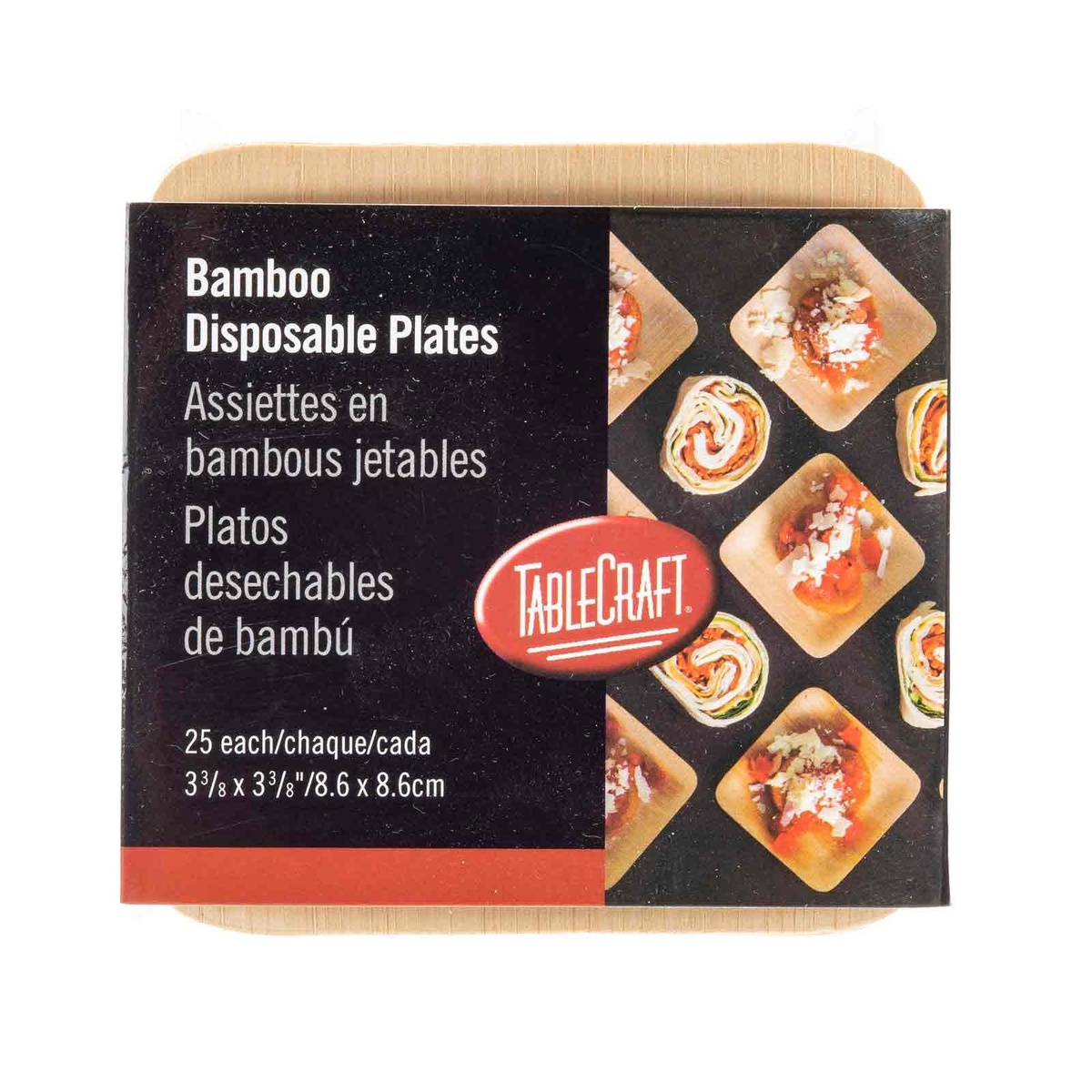 Top view of TableCraft bamboo disposable plates packaging showing product label and size details