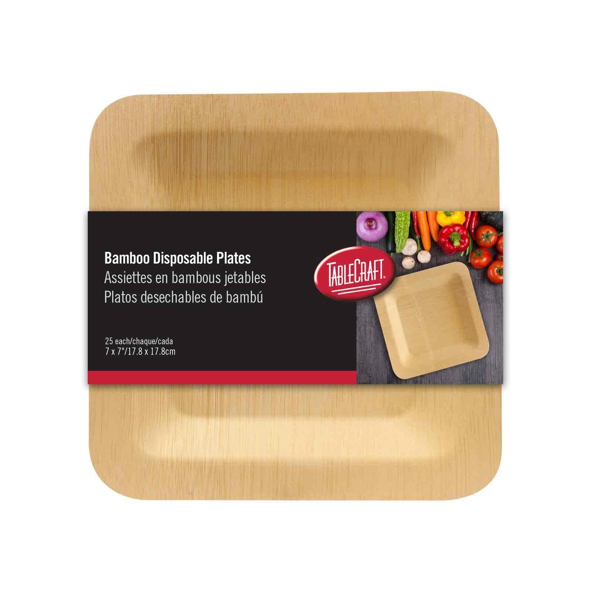 TableCraft BAMDSP7 bamboo disposable plates in branded retail packaging showing 25-count and 7x7 inch dimensions