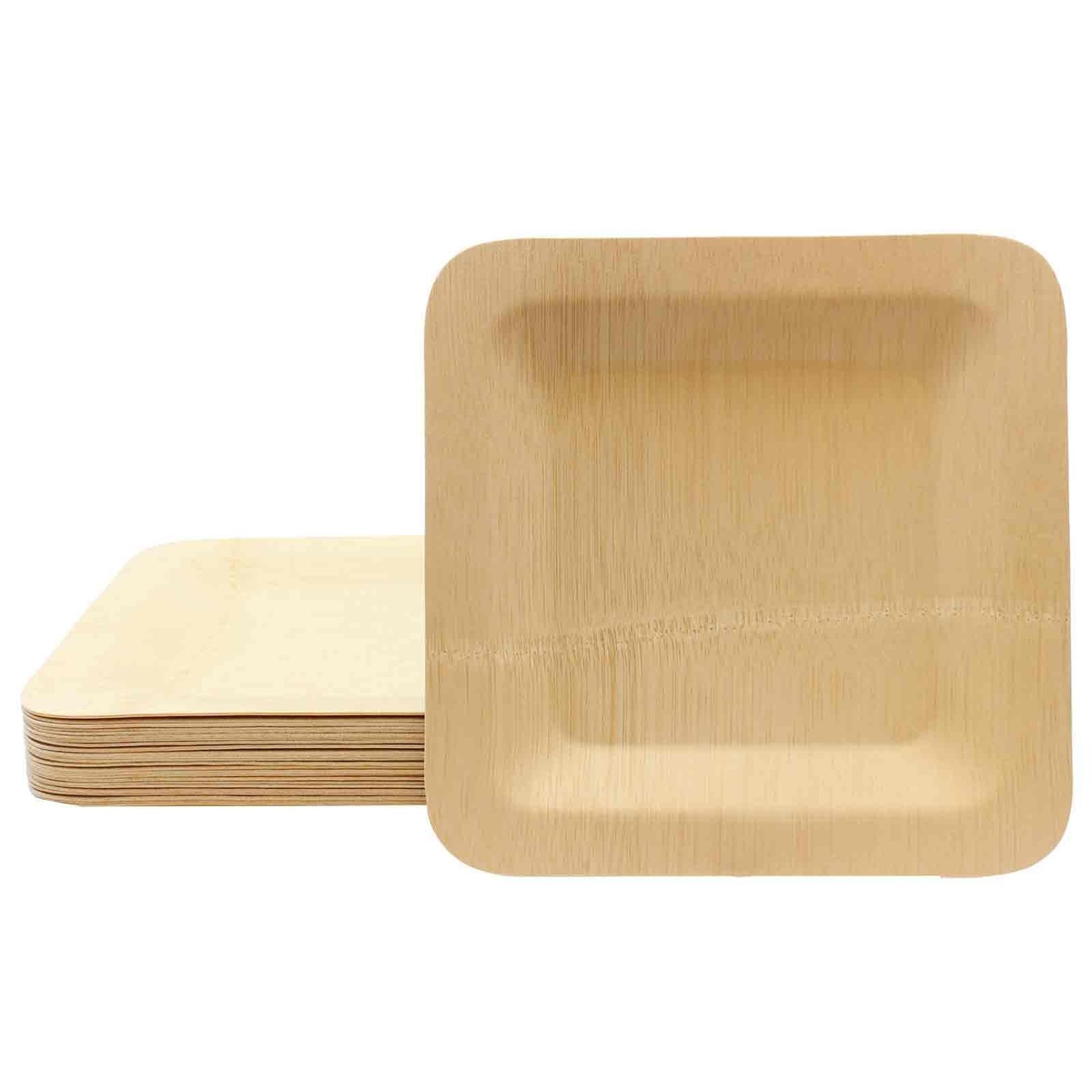 Stack of TableCraft 7-inch square bamboo disposable plates showing natural wood-grain finish