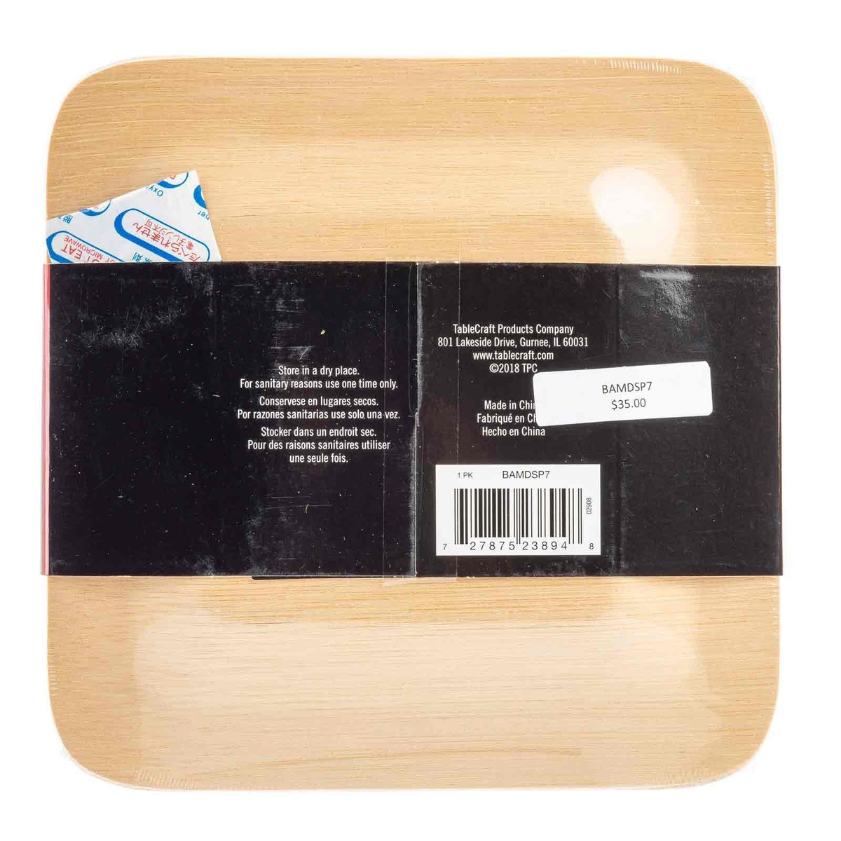 Back of TableCraft BAMDSP7 bamboo plate packaging with product information and storage instructions