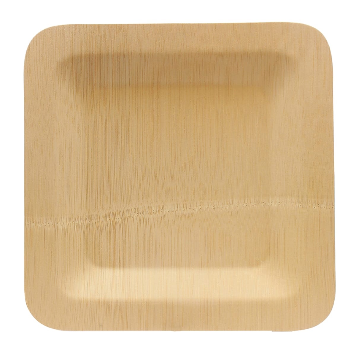 Top view of a square bamboo disposable plate showing natural wood grain