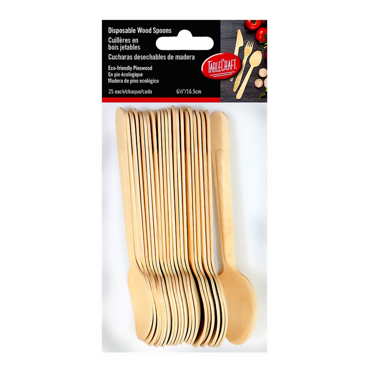 Tablecraft BAMDSPN65 pack of 25 disposable pinewood spoons, 6.5 inches, natural finish