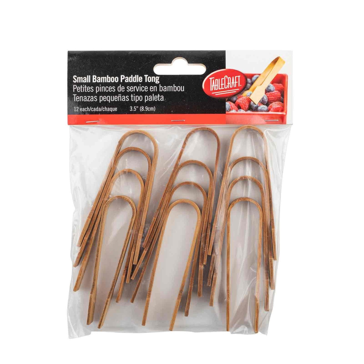 Retail packaging for TableCraft 3.5 inch bamboo paddle tongs containing 12 pieces