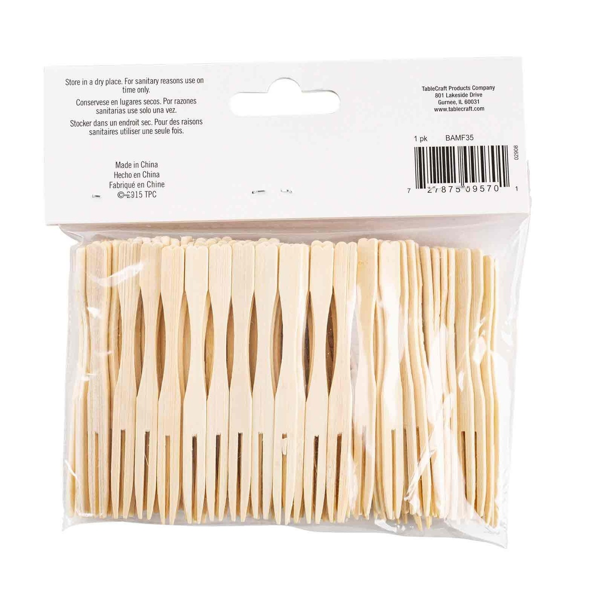 Back of the TableCraft BAMF35 retail packaging showing 100 bamboo fork picks in a clear sealed bag