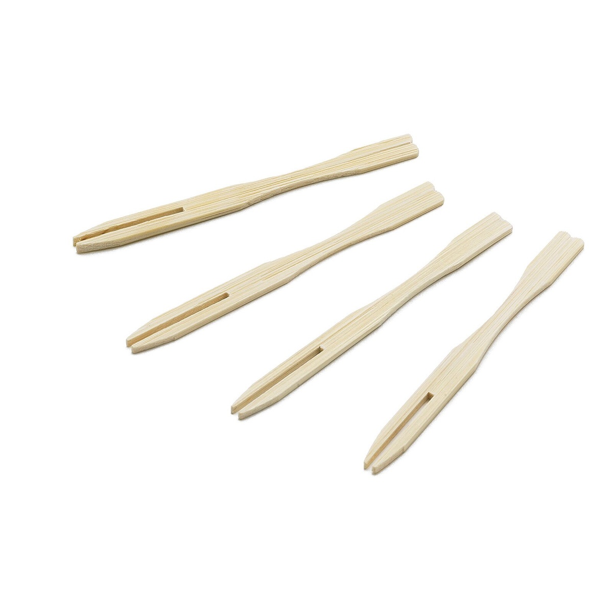 Four natural bamboo fork picks displayed on a white background showing dual-pronged tip and flat handle