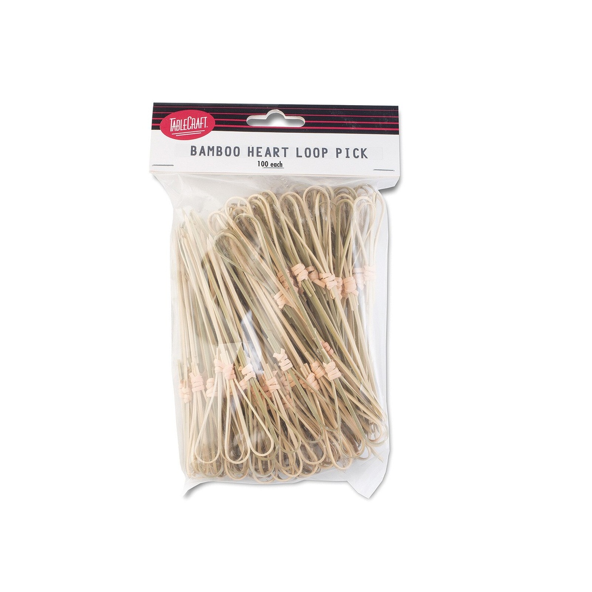 TableCraft Bamboo Heart Loop Pick retail packaging showing 100-count bag with branded header card