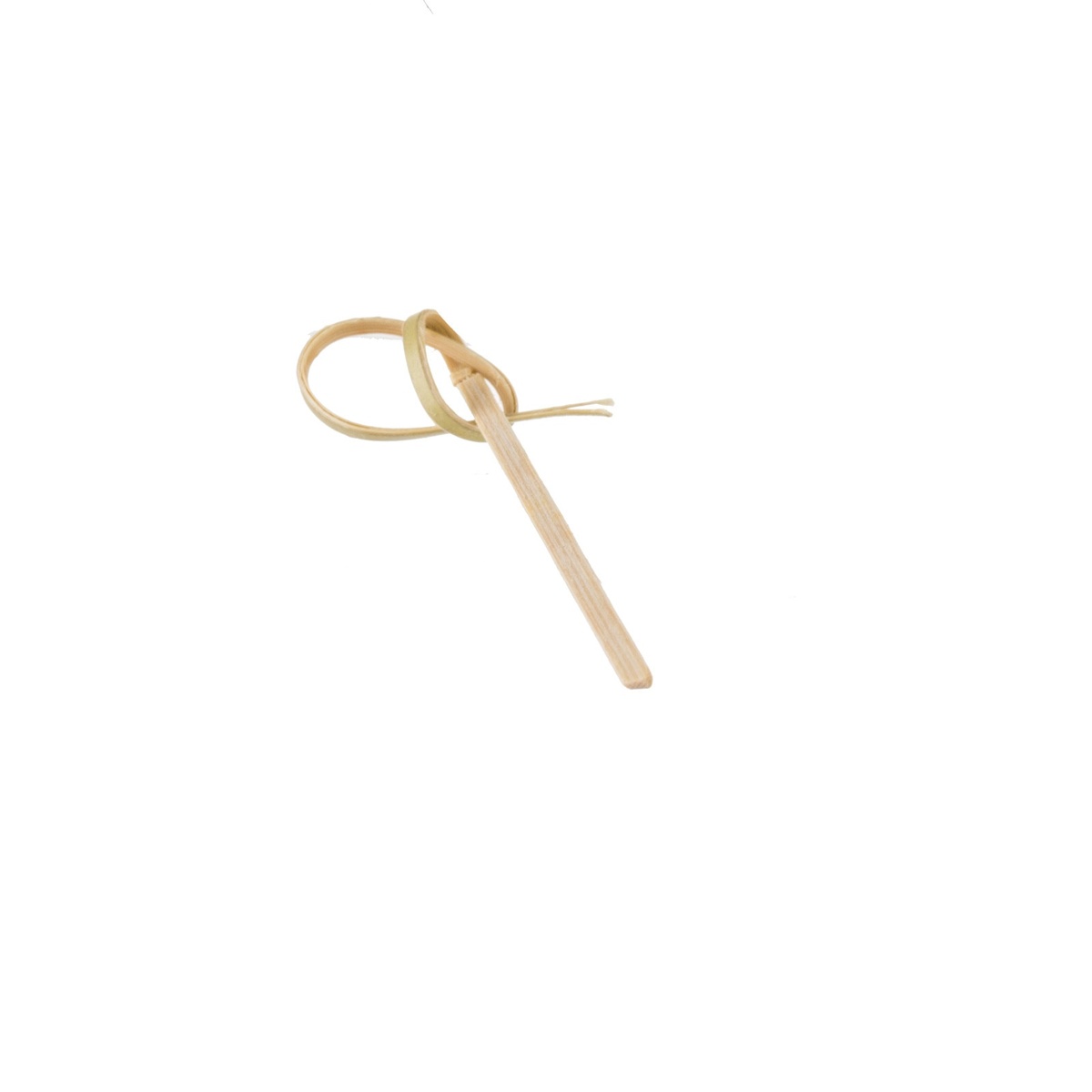 Close-up detail of a single TableCraft bamboo knot pick showing the looped knot construction and flat bamboo body