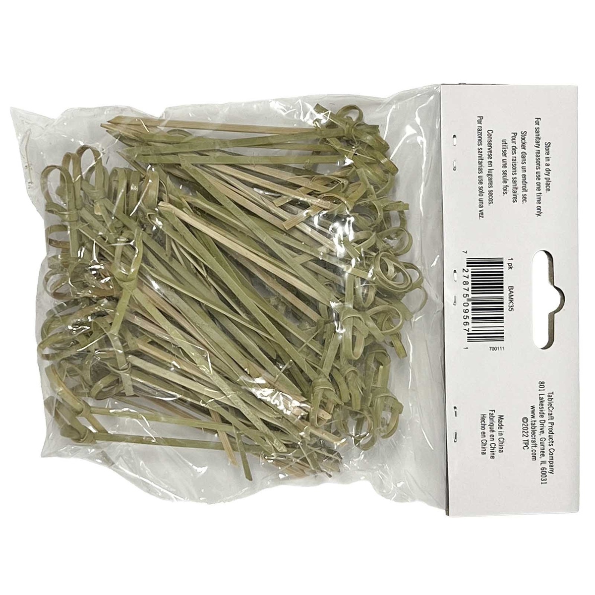 Back of TableCraft BAMK35 bamboo knot pick packaging showing barcode, UPC, single-use instruction label, and Made in China text