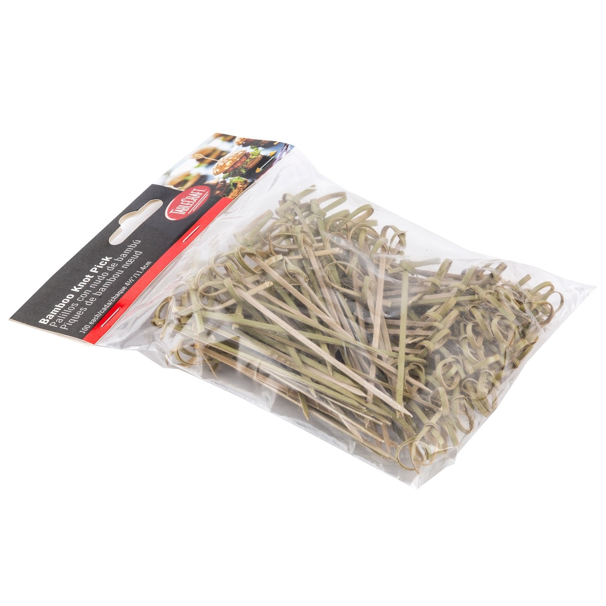 Angled view of TableCraft bamboo knot pick retail pack showing 100 picks inside clear packaging