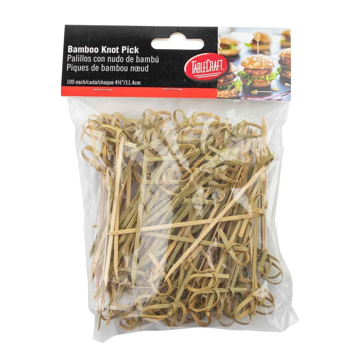Front view of TableCraft Bamboo Knot Pick retail bag showing branding and 100-count contents