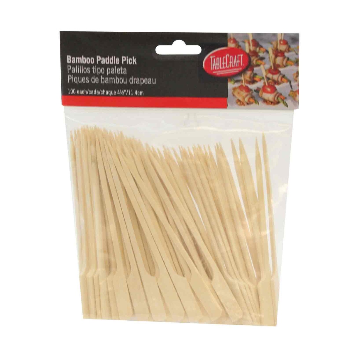 Front view of TableCraft Bamboo Paddle Pick package with picks fanned out inside, branded header card with product imagery