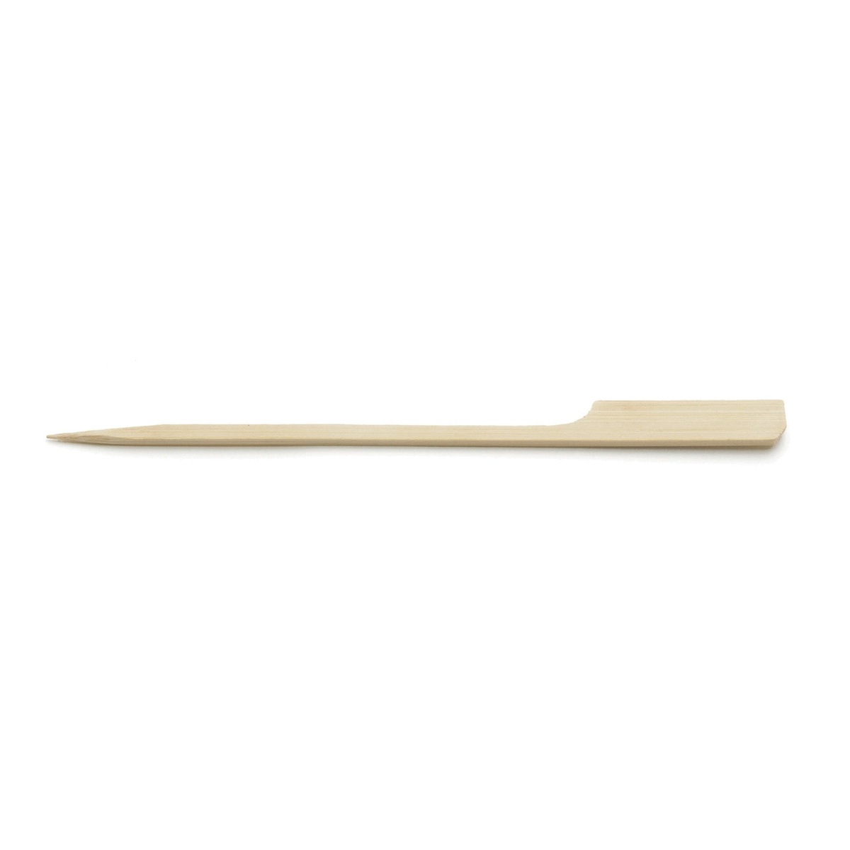 Single 4.5-inch bamboo paddle pick showing pointed tip and flat paddle end, isolated on white background