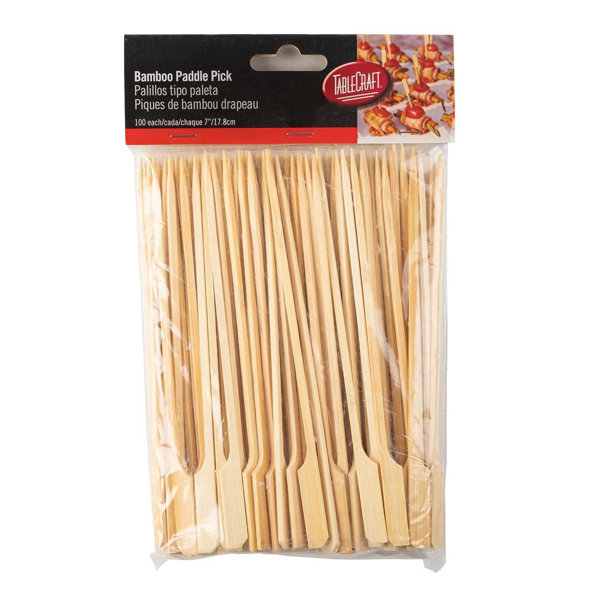 Retail packaging for TableCraft 7-inch bamboo paddle picks
