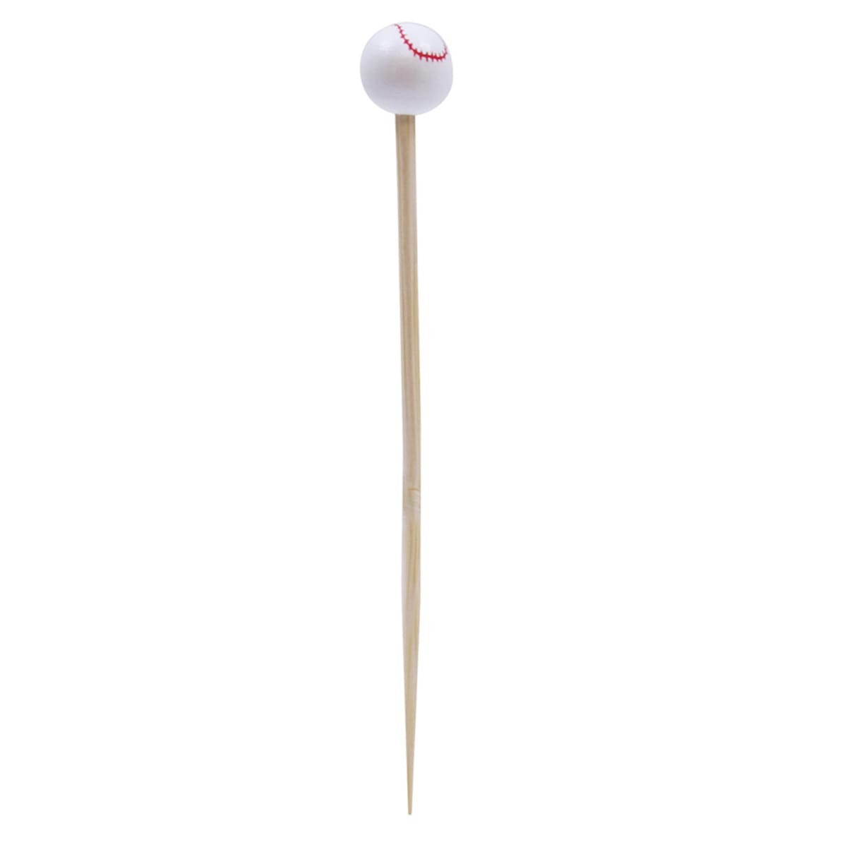 Tablecraft BAMSP145 single bamboo pick with white baseball-shaped accent at top against white background