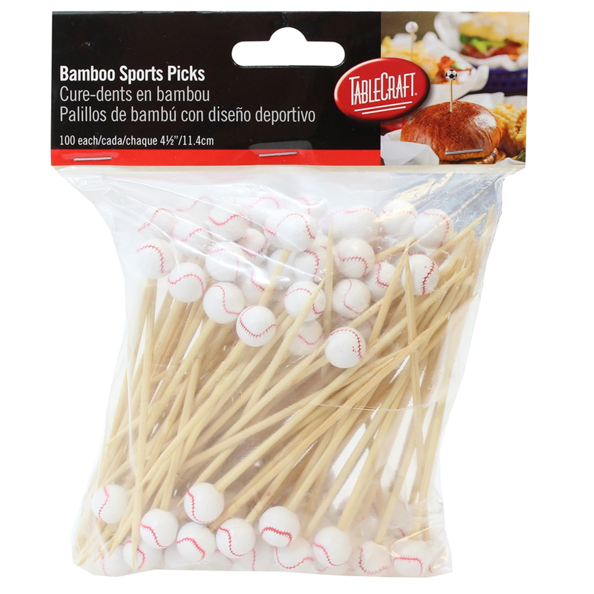 Retail packaging bag of 100 Tablecraft Bamboo Baseball Sport Picks with label showing 4.5 inch size