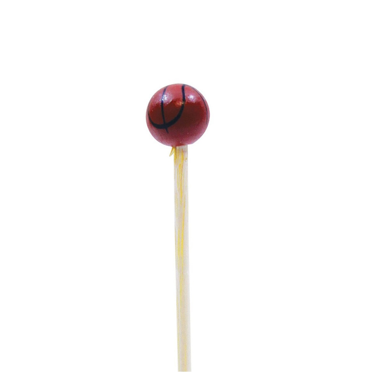 Close-up of the basketball accent ball at the top of the Tablecraft BAMSP245 bamboo sport pick