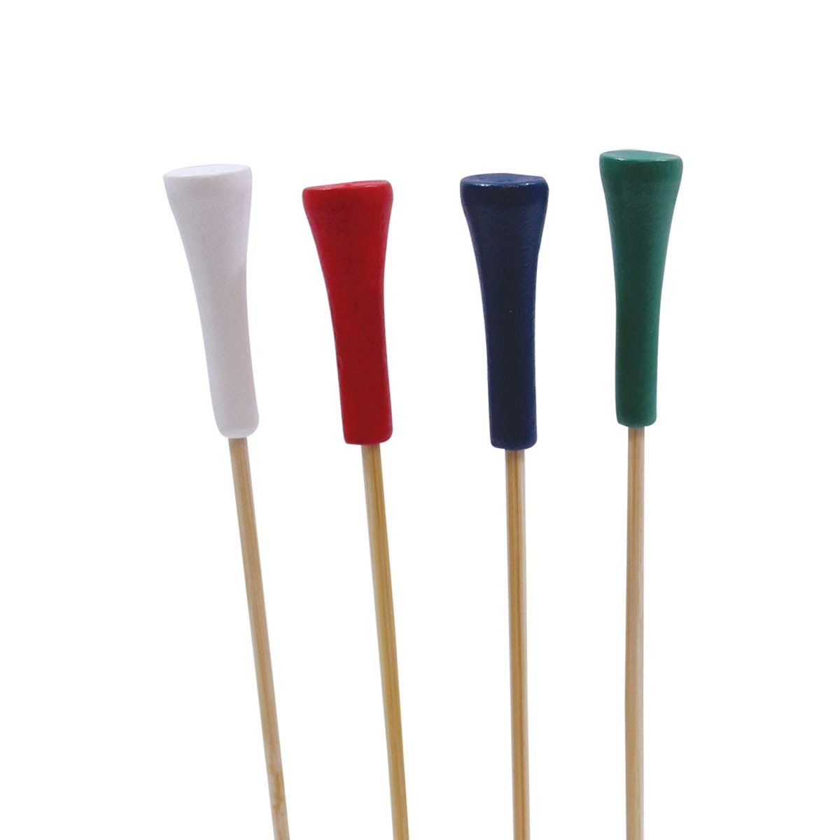 Four bamboo golf tee food picks in white, red, blue, and green standing upright against a white background