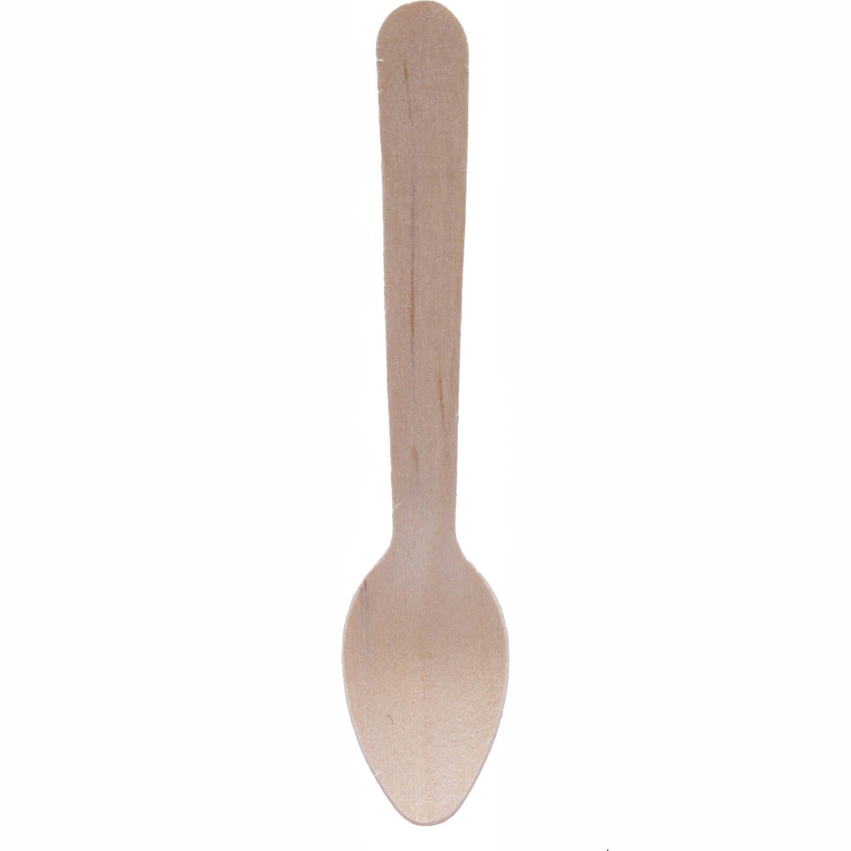 Close-up of a single natural finish pinewood disposable tasting spoon showing handle detail