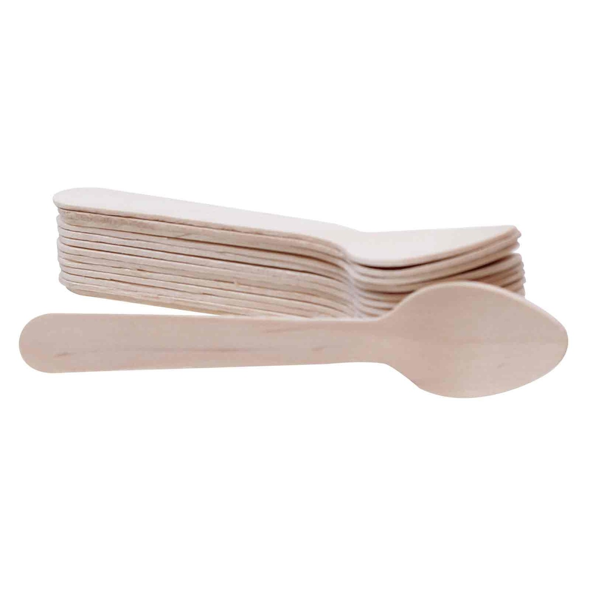 Stack of natural pinewood disposable tasting spoons fanned out on white background