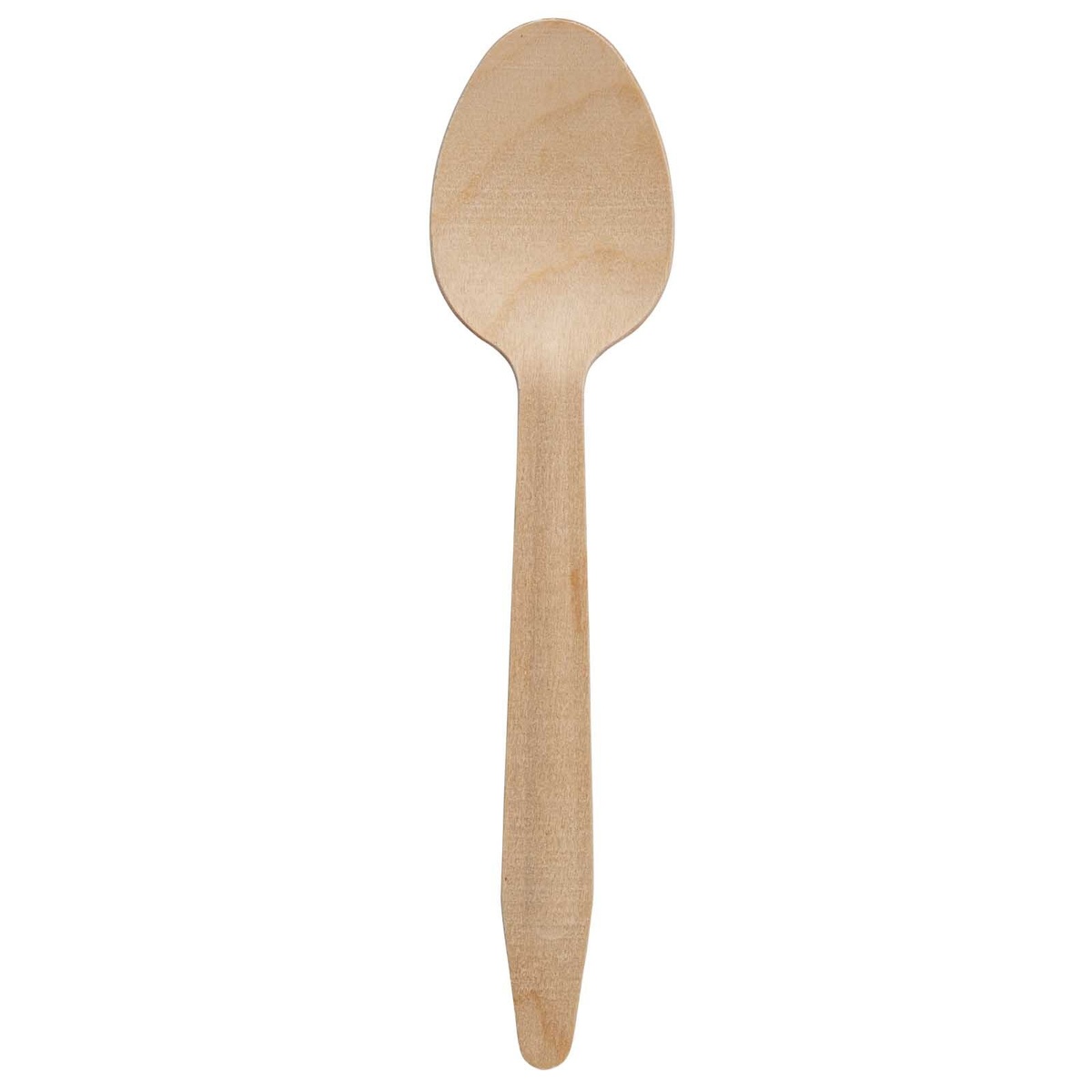 Single natural pinewood disposable spoon viewed from above showing bowl and handle
