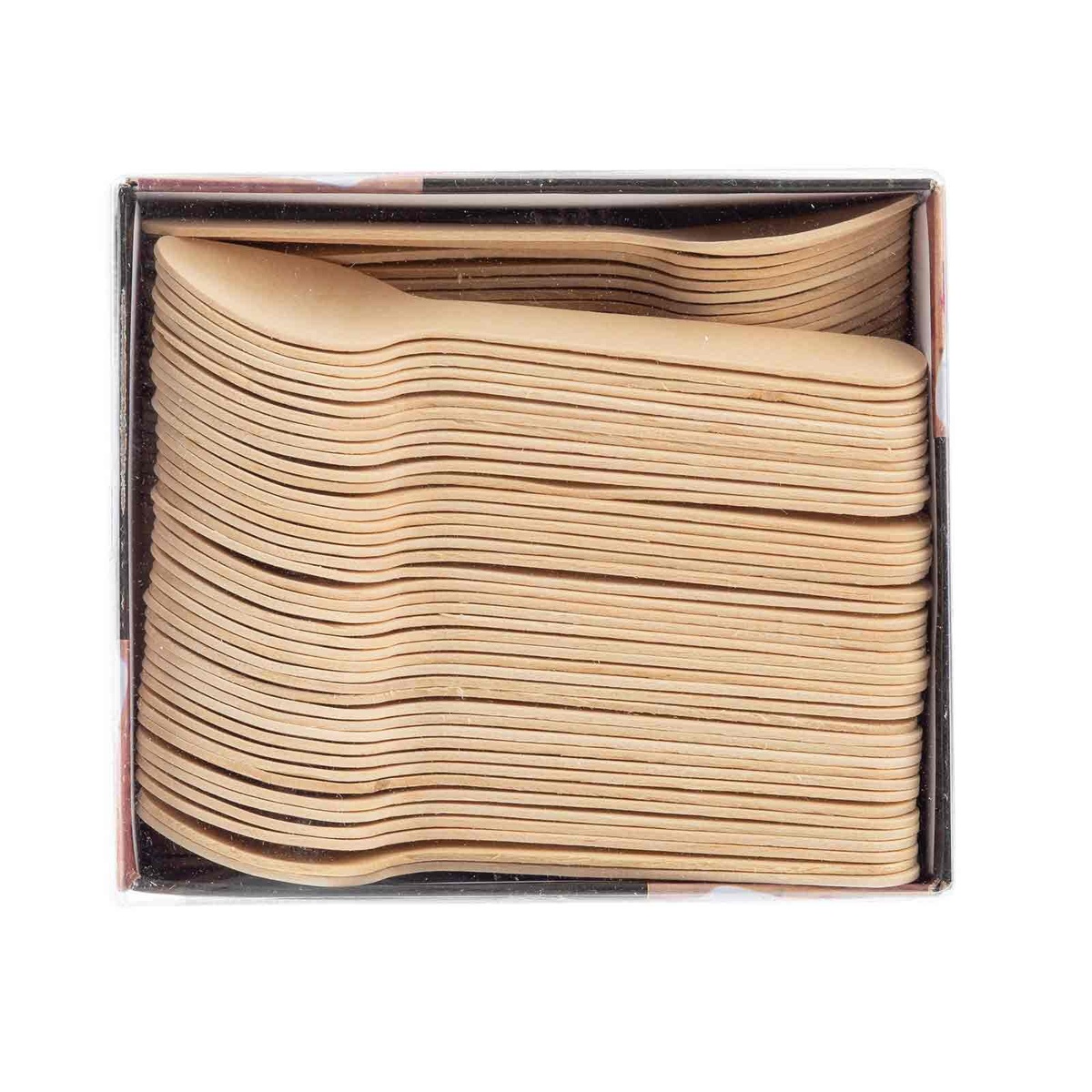100 natural pinewood disposable spoons stacked neatly inside retail packaging box