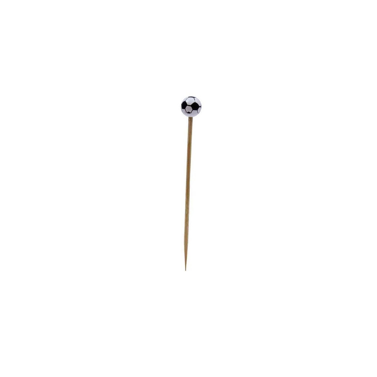 Full-length view of a 4.5-inch bamboo soccer ball food pick showing pointed tip